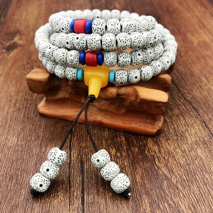 108 Bead Mala Necklace with Imitation Star Moon Bodhi Seeds and Fake Amber Bracelet - Oriental Buddha Karma  -  - 