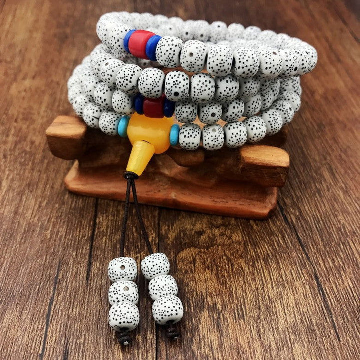 108 Bead Mala Necklace with Imitation Star Moon Bodhi Seeds and Fake Amber Bracelet - Oriental Buddha Karma  -  - 