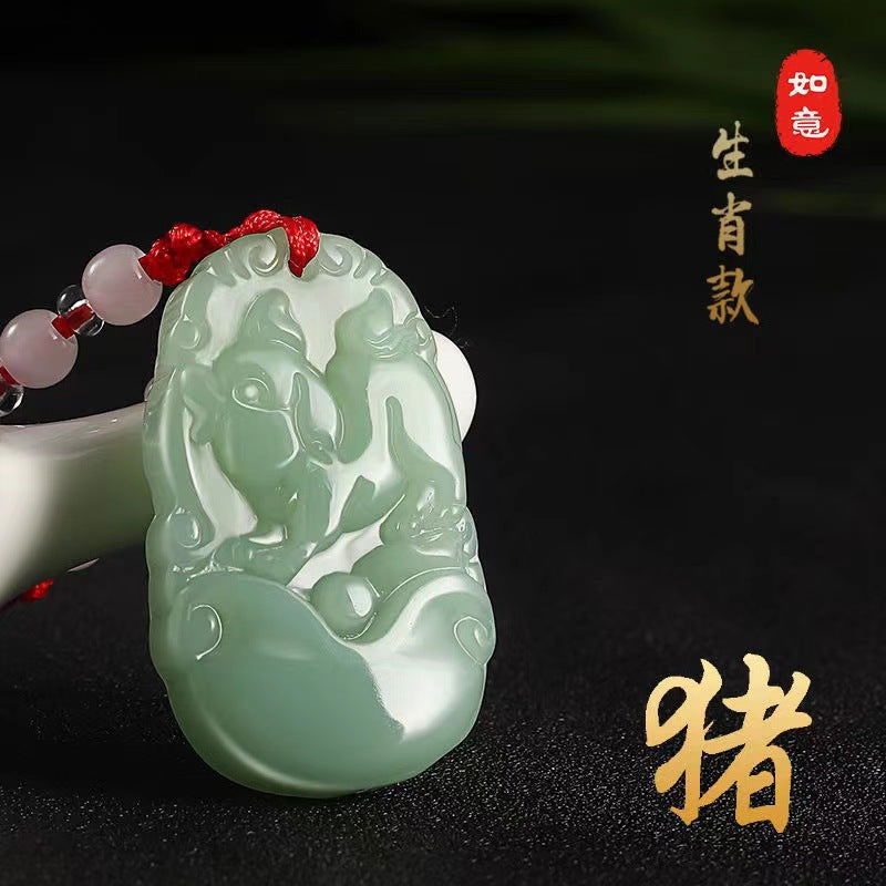 12 Zodiac Signs Jade Green Pendant - Oriental Buddha Karma  -  - 
