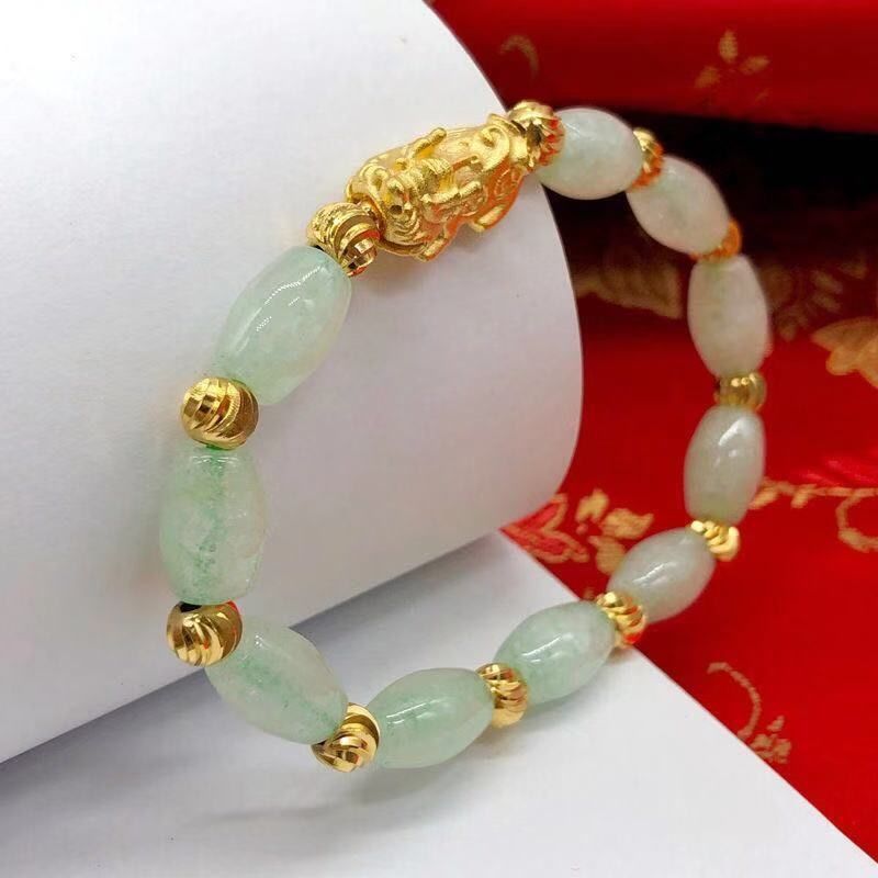 Imitation jade, jadeite, agate, and jade lucky Bi Xiuxiu prosperity bracelet with oval beads, wrist accessory. - Oriental Buddha Karma  -  - 