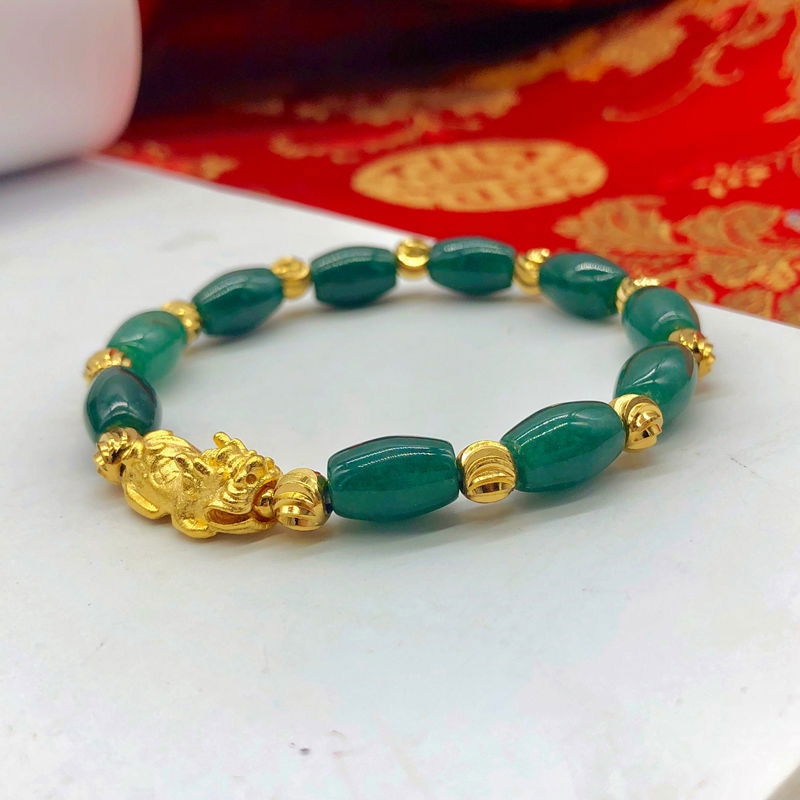 Imitation jade, jadeite, agate, and jade lucky Bi Xiuxiu prosperity bracelet with oval beads, wrist accessory. - Oriental Buddha Karma  -  - 