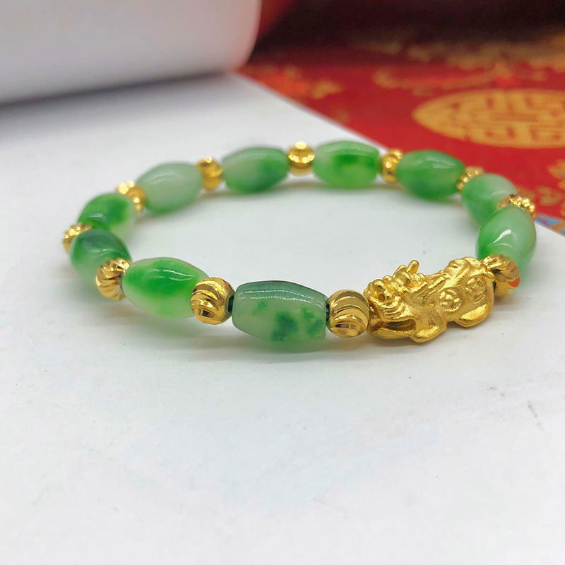 Imitation jade, jadeite, agate, and jade lucky Bi Xiuxiu prosperity bracelet with oval beads, wrist accessory. - Oriental Buddha Karma  -  - 