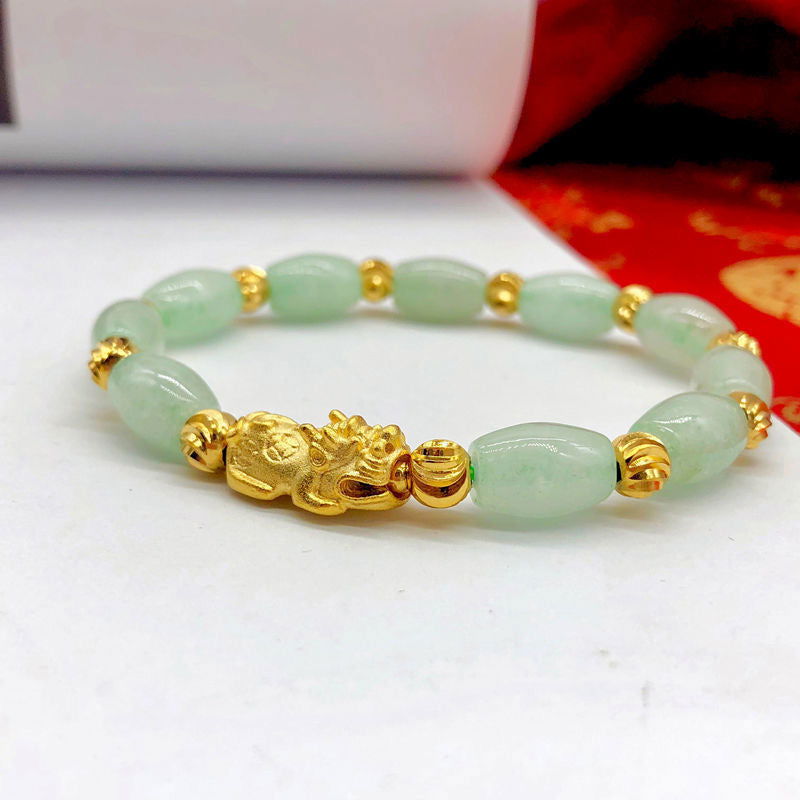 Imitation jade, jadeite, agate, and jade lucky Bi Xiuxiu prosperity bracelet with oval beads, wrist accessory. - Oriental Buddha Karma  -  - 