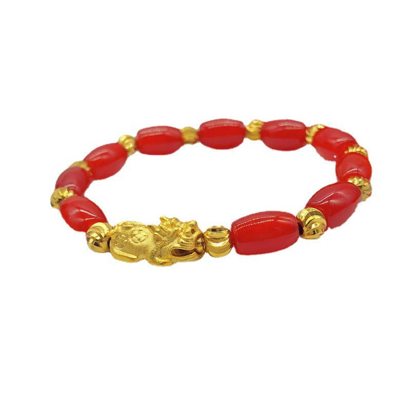 Imitation jade, jadeite, agate, and jade lucky Bi Xiuxiu prosperity bracelet with oval beads, wrist accessory. - Oriental Buddha Karma  -  - 
