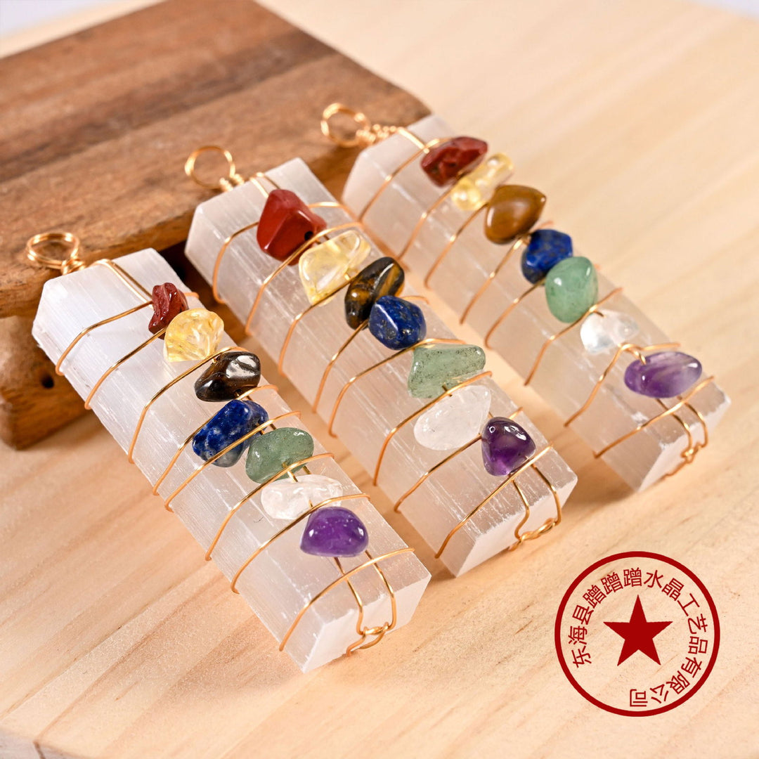 Natural crystal seven-color pebble necklace, colored gemstone necklace, plaster Moroccan stone wrapped energy pendant. - Oriental Buddha Karma  -  - 