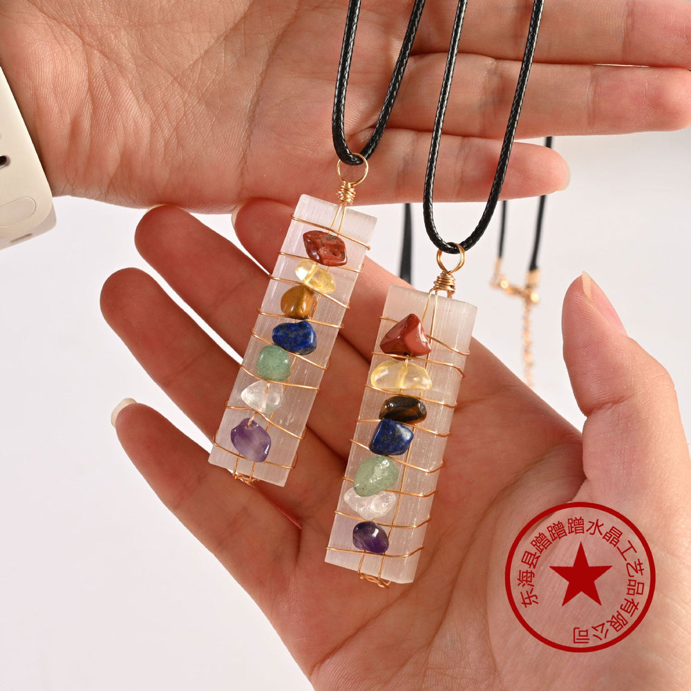 Natural crystal seven-color pebble necklace, colored gemstone necklace, plaster Moroccan stone wrapped energy pendant. - Oriental Buddha Karma  -  - 