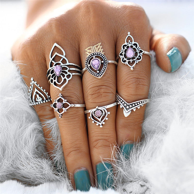 Vintage Purple Crystal Triangle Alloy Ring Set - Oriental Buddha Karma  -  - 