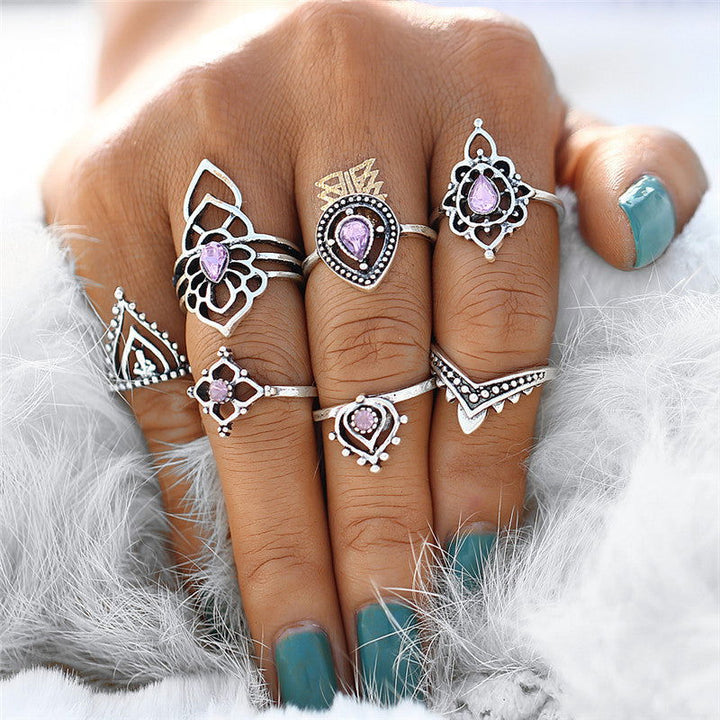 Vintage Purple Crystal Triangle Alloy Ring Set - Oriental Buddha Karma  -  - 