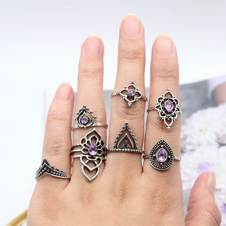 Vintage Purple Crystal Triangle Alloy Ring Set - Oriental Buddha Karma  -  - 