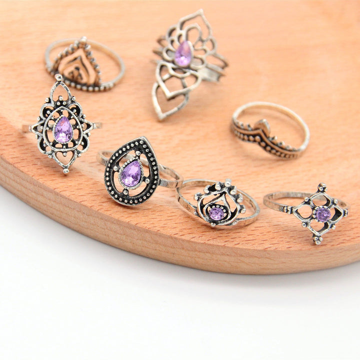 Vintage Purple Crystal Triangle Alloy Ring Set - Oriental Buddha Karma  -  - 