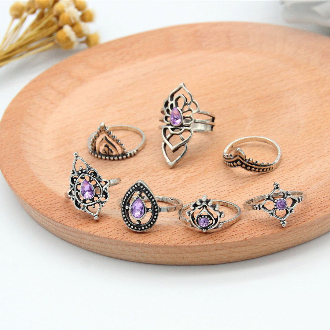 Vintage Purple Crystal Triangle Alloy Ring Set - Oriental Buddha Karma  -  - 